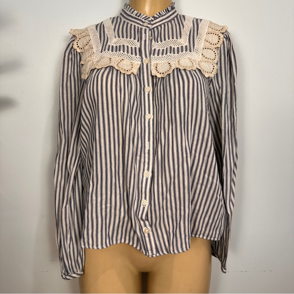 MNG Striped Lace Top Sz 8 Western Shirt Blouse Cotton Mango Cottagecore